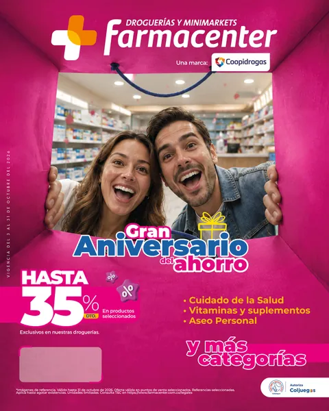Portada de la separata Gran Aniversario del ahorro: hasta 35% de descuento en productos seleccionados de cuidado de la salud, vitaminas y suplementos y aseo personal. Válido hasta el 31 de octubre de 2026.