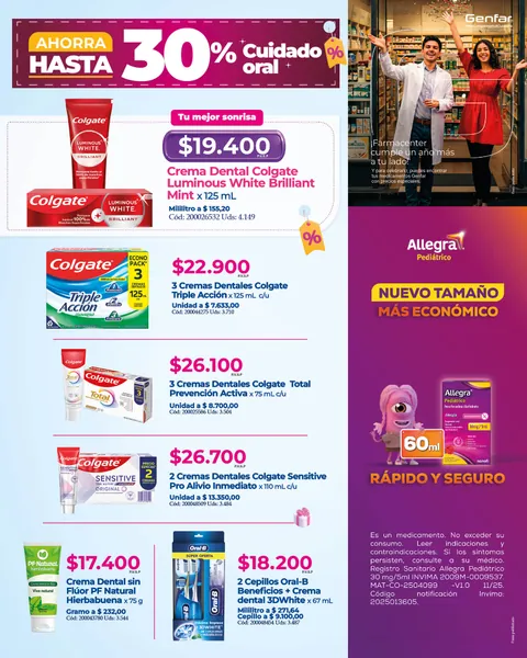 Cuidado oral, ahorra hasta 30%: crema dental Colgate Luminous White a $19.400, packs de cremas Colgate Triple Acción, Total y Sensitive desde $22.900, crema dental PF Natural sin flúor a $17.400 y pack de 2 cepillos Oral-B con crema 3D White a $18.200.