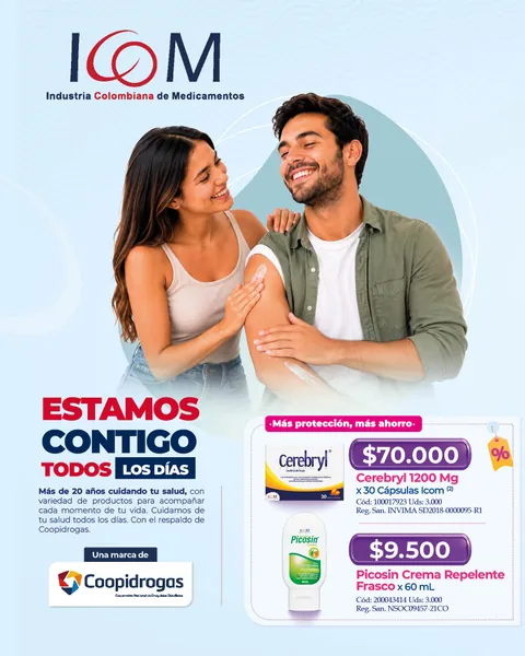 Estamos contigo todos los días, más protección y más ahorro: Cerebryl 1200 mg x 30 cápsulas a $70.000 y crema repelente Picosin x 60 mL a $9.500.
