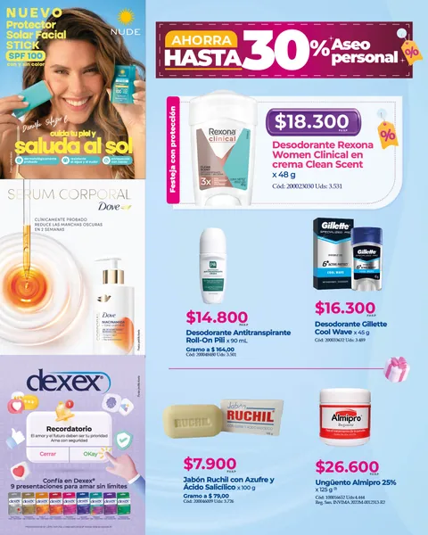 Aseo personal, ahorra hasta 30%: desodorante Rexona Women Clinical a $18.300, roll-on Pili a $14.800, desodorante Gillette Cool Wave a $16.300, jabón Ruchil a $7.900 y ungüento Almipro 25% x 125 g a $26.600.